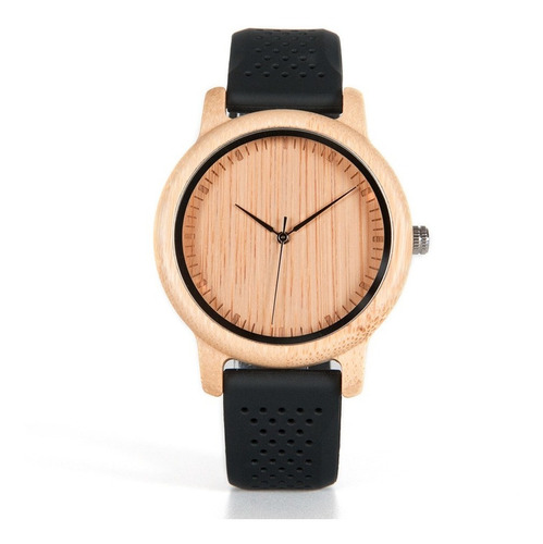 Reloj Madera Bambú Correa Silicona Negra