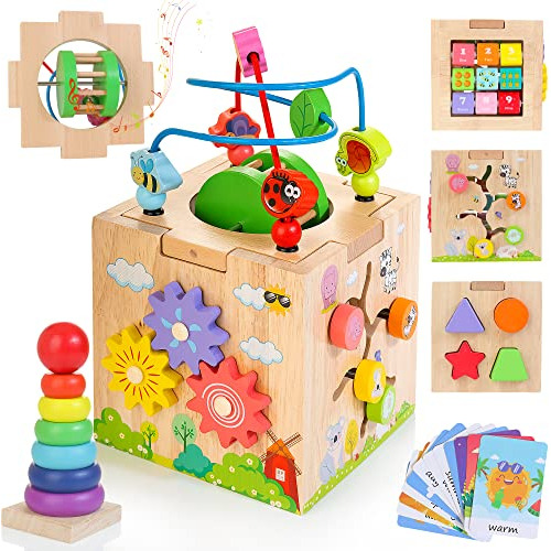 Wooden Activity Cube, 8-in-1 Montessori Toys For 1 Year...