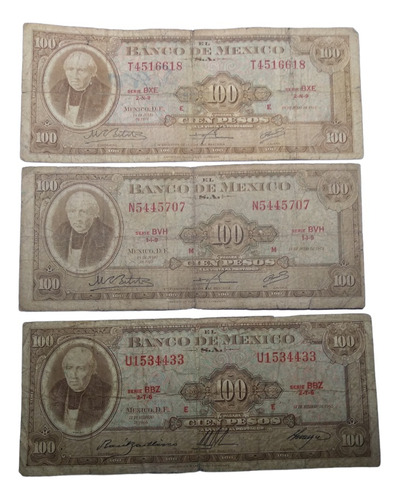  Billetes Usados $100 Pesos Hidalgo 3 Piezas Años 70´s