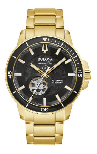 Reloj Marca Bulova Marine Star Modelo: 97a174 Color de la correa Dorado Color del bisel Negro Color del fondo Negro