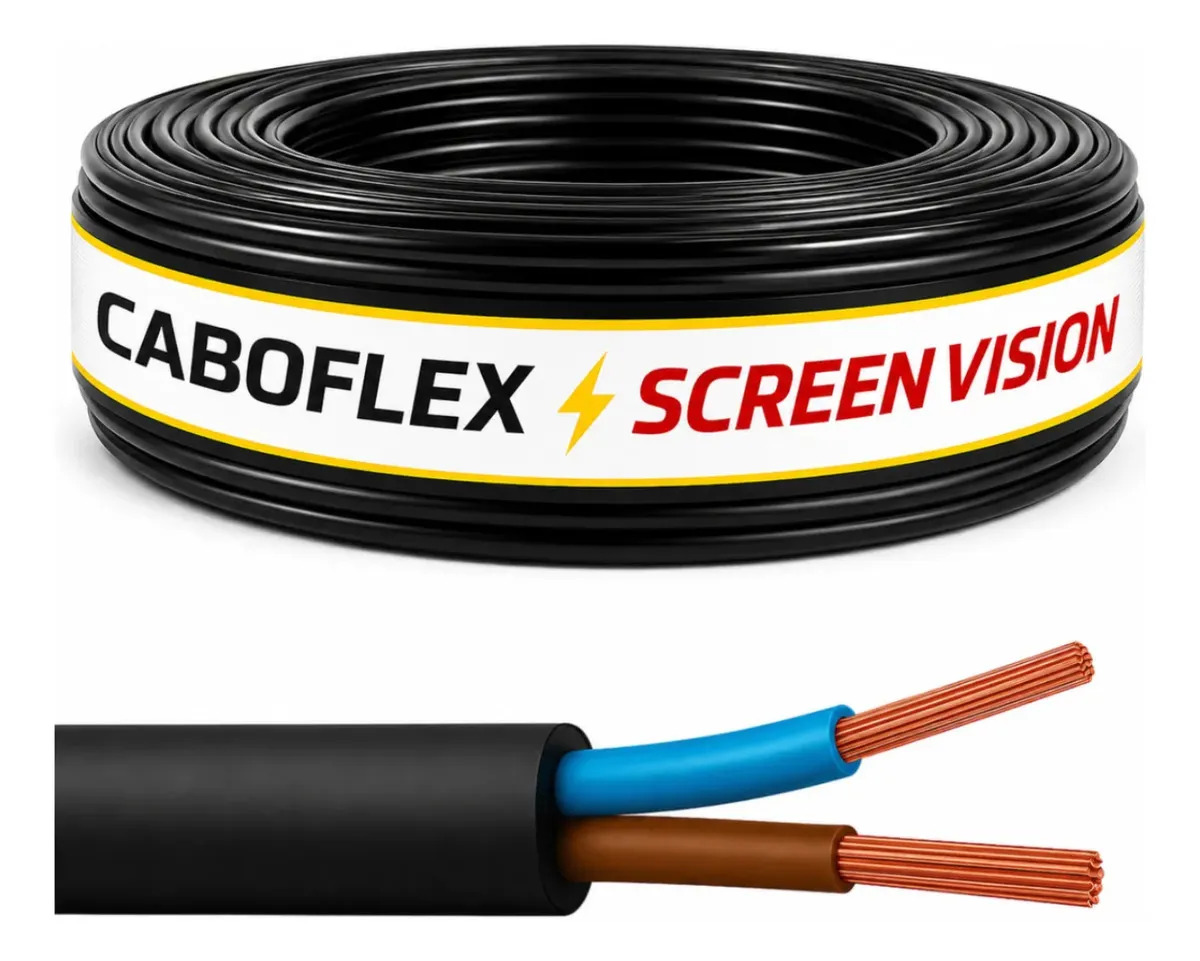 Fio Cabo Pp 4mm Flexivel 2x4mm 2 Vias Rolo 100 Metros Para Extensão Cor Preto Marca Screen Vision