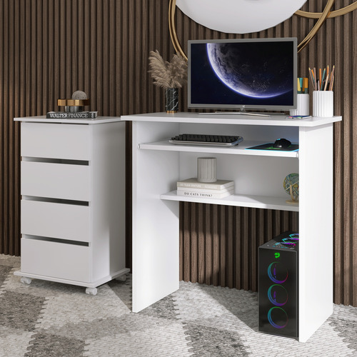 Mesa Para Computador Branca Com Suporte De Teclado Retrátil