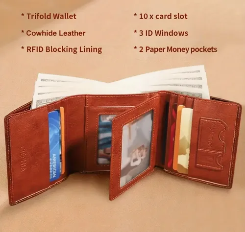 Billetera Cuero Genuino Ciephia Triple Pliegue Rfid Marrón Claro Liso