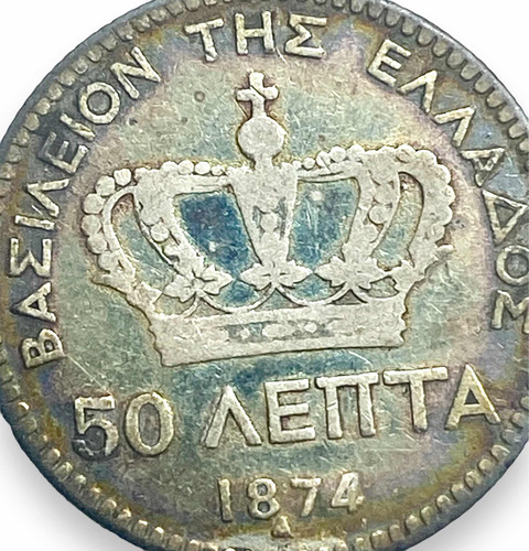 Wow Moneda De Plata Ley 0.835 De Grecia De 50 Leptá Año 1874 (Usado)