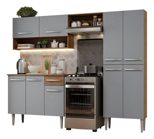 Armário De Cozinha Compacta Madesa Emilly Pop Com Balcão Rc Cor Rustic/Cinza