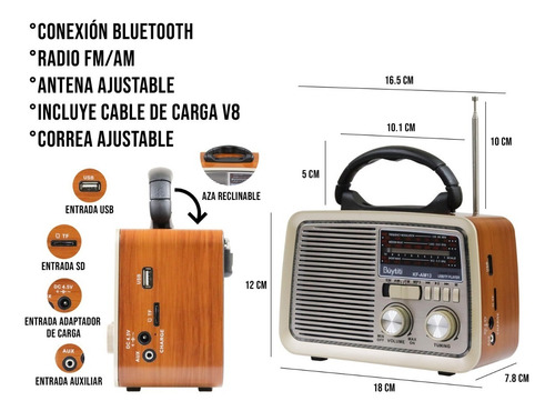 Imagen 2 de 10 de Bocina Portatil Radio Am Fm Usb Tf Aux Vintage Recargable