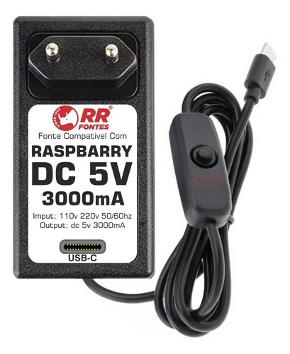 Fonte De Alimentação Raspberry Pi4 5v 3a Com Nf Usbc
