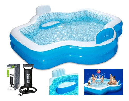 Combo Piscina + Inflador Manual Alberca Familiar C/ Asientos