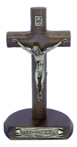 Crucifixo Madeira De Mesa Cristo Em Metal - 12 Cm Ov Cor Marrom