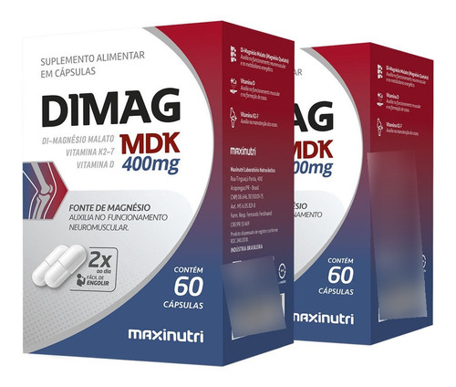 Kit 2 Dimag Mdk Di-magnésio Malato K2-7 60 Cáps Maxinutri Sabor Vitamina