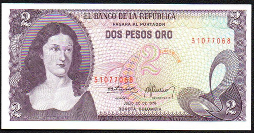 Billete Colombia 2 Pesos 20 Julio 1976