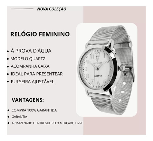 Relógio Feminino Prova D Água + Kit Colar E Brincos + Caixa Cinza Prateado Branco