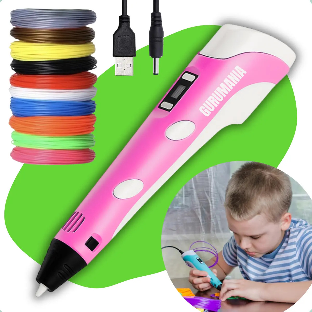 Caneta 3d Bivolt Impressora Profissional + Refil Filamento + Cabo Usb Caneta 3d Infantil Desenho Portátil 3d Pen Rosa Gurumania