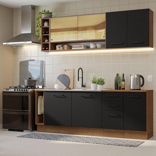 Armário De Cozinha Completa 220cm Rp Agata Da Thêmis Madesa Cor Rustic/Preto