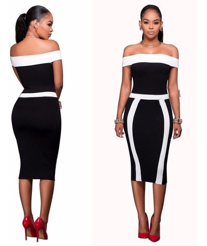 Imagen 2 de 7 de Vestido Fashion Estilo Fourreau Cuello Bandeja Negro/blanco