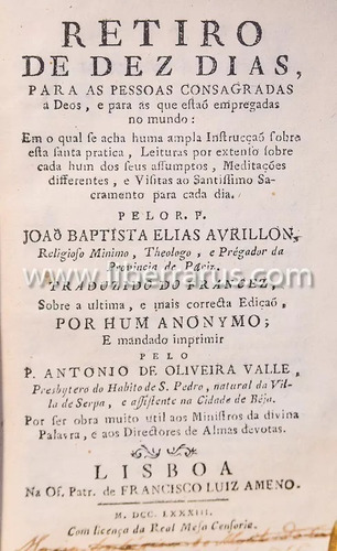 Livro Antigo Raro - Retiro De Dez Dias Para As Pessoas 1783