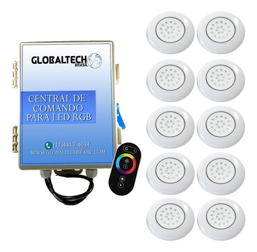 Kit 10 Led Piscina Abs Rgb 18w + Central + Controle Touch En