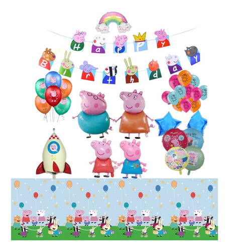 Set Decoracion Globos + Mantel Peppa Pig Cumpleaños