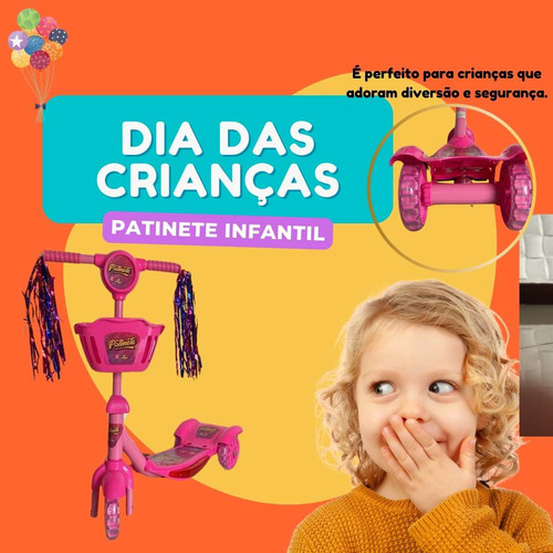 Patinete Infantil Menina Musical 3 Rodas Com Cestinho Luzes