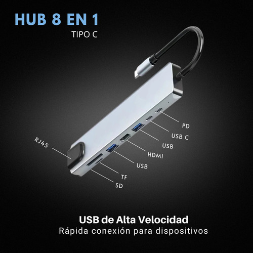 Adaptador Hub 8 En 1 Tipo C A Usb, Hdmi, Rj45, Pd, Tipo C
