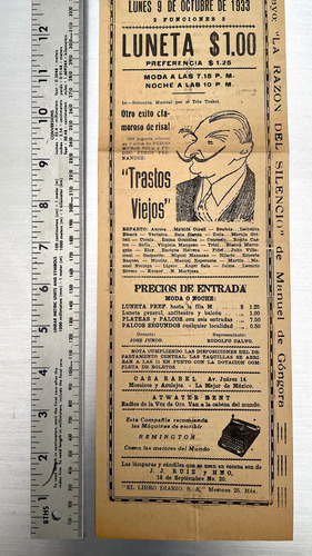 Programa Antiguo Teatro Ideal 9 Octubre 1933 (Usado)