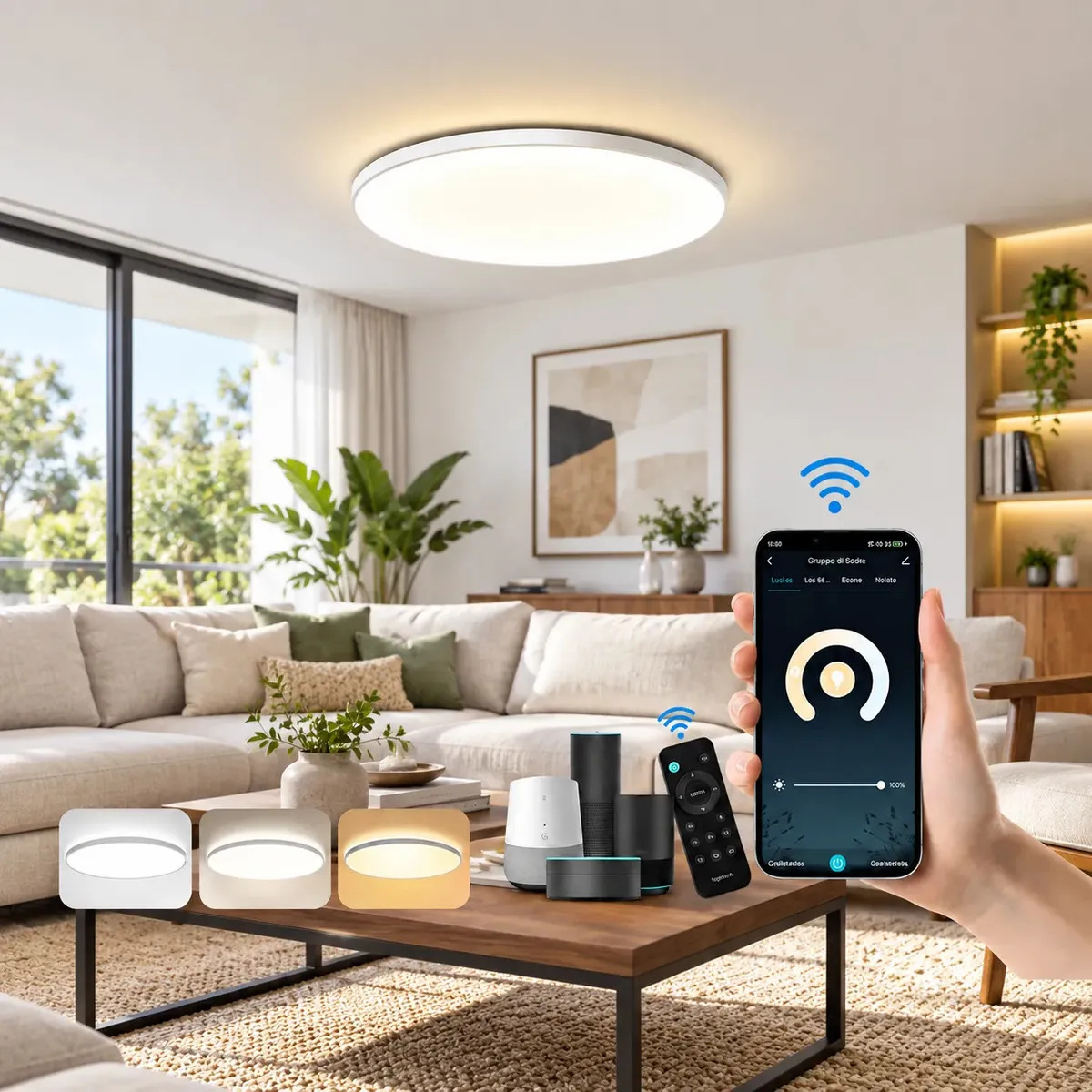 Lámpara Techo Led Moderna para cocina sala comedor recamara 21w Wifi Alexa Google Home Inteligente Lámpara Techo Tricolor Blanco