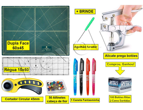 Kit Base De Corte 60x45 +régua 15x60 + Alicate Prega Botões