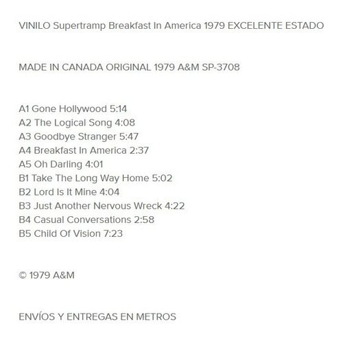 Imagen 2 de 3 de Vinilo Supertramp Breakfast In America 1979 The Logical Song