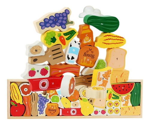 Bloques Madera Apilable Frutas Verdura Abecedario Montessori
