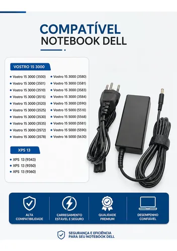 Fonte 19.5v Compatível Dell Inspiron 15 3000 3520 3515 3530
