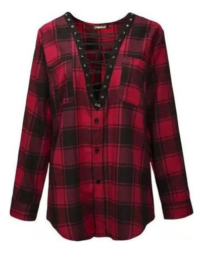 Blusa De Mujer Manga Larga A Cuadros Con Cuello En V Suelta