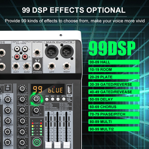 Mx6 Canal 99 Dsp Efeito Mixer Record Pc 48v Phantom Power