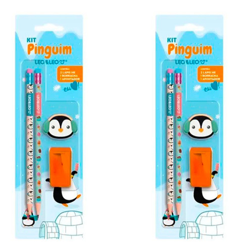Kit Lapis Pinguim 2 Lapis +apontador+ Borracha Completo