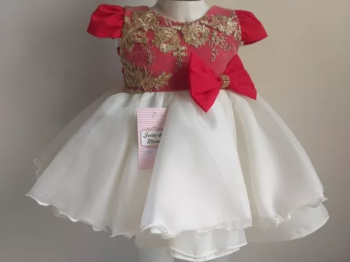 Vestido Bebê Vermelho Renda Princesa Realeza Laço Babados