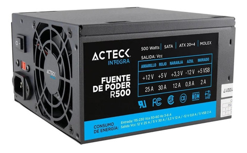 Imagen 1 de 4 de Fuente de poder para PC Acteck Power 5 R500 500W negra 115V/230V