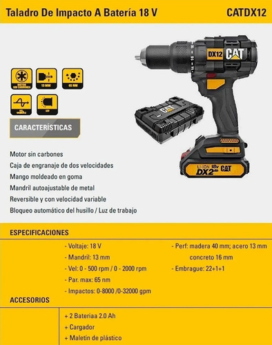 Imagen 2 de 5 de Taladro Percutor Atornillador Cat Dx12 Sin Carbones 18v Male