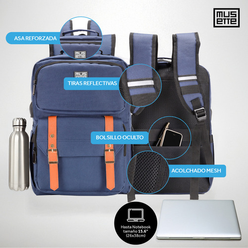 Mochila Ejecutiva Azul para Laptop 15.6” Reforzada Impermeable con Puerto USB