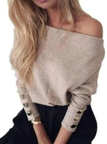 Sweater Pulover Cuello Bote Cashmere Angora Mangas Botones