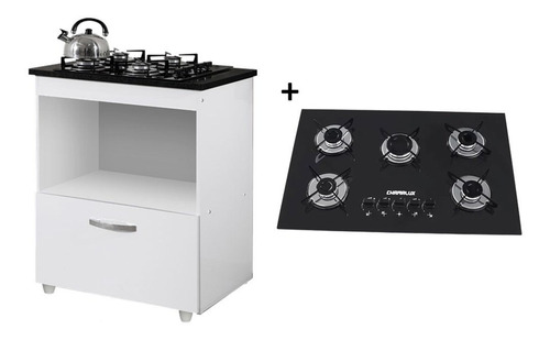 Kit Balcão Cooktop 1 Porta Br C/fogão Cooktop 5 Bocas Cor Branco