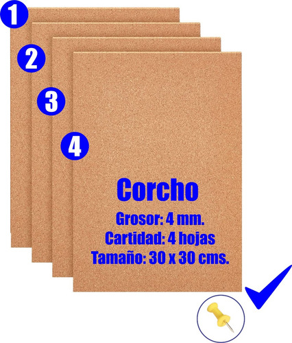 Hoja Corcho 4 Milímetros 30 X 30 Cms. 4 Hojas + Pins