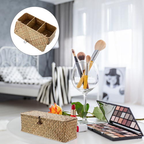 Cesta De Almacenamiento Rectangular De Ratán Tejida Con Tapa