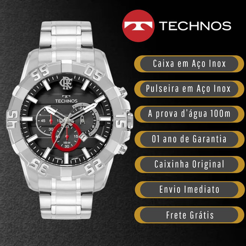 Relógio Technos Masculino Analógico Prata Esportivo Flamengo