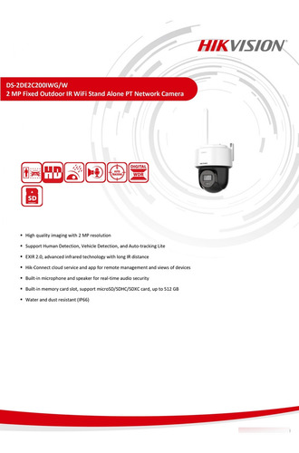 Ds-2de2c200iwg/w, Cámara Ip 2mp Pt Ir Y Audio Bidireccional