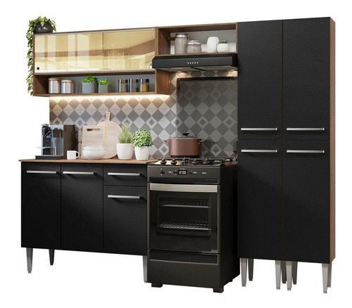 Armário De Cozinha Completa 229cm Rp Madesa Emilly 04 Cor Rustic/Preto