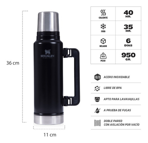 Imagen 2 de 5 de Stanley Termo Clásico 1.4 Lts Con Tapón Cebador Negro