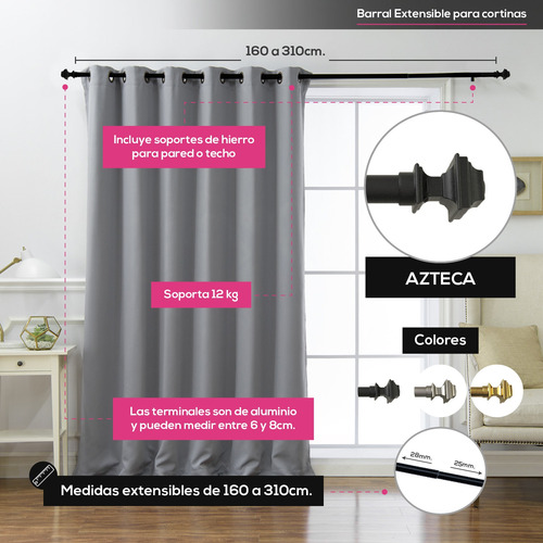 Barral De Cortina Metal Extensible 160 A 310cm Oro Azteca
