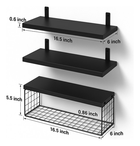 Set Repisa Flotantes Estante De Madera 3 Nivel Canasta 40x15