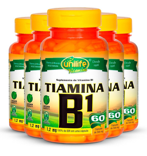 Kit 5 Vitamina B1 Tiamina 60 Cápsulas Unilife Sabor Sem sabor