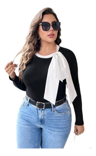 Remera Plus Size De Jersey Negro,cuello Blanco Y Moño,4xl