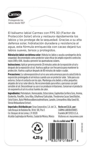Bálsamo Labial Carmex Hidratante Fps30 Protector Solar 4.25g